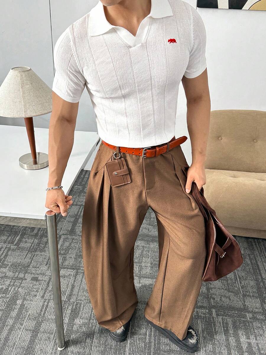 ESTAVOR Men's Casual Fashion Embroidered Knitted Short Sleeve Fall Sweater - White - View 1