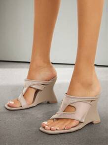 SHUZIA 女士不对称绑带装饰坡跟可爱性感女性派对基本款网眼灰褐色高跟凉鞋 - 淺灰色 - 查看 3