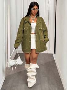 Slaydiva 大码秋冬新款女装，宽松休闲超大款工装外套，外缝拼接设计，橄榄绿大码女式外套 - 綠色 - 查看 4