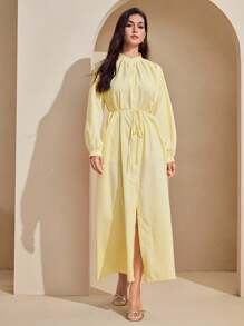 Graceveil Elegant Yellow Long Dress With Raglan Sleeves And Button-Up Design For Women - Yellow - View 4