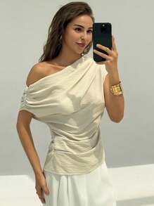 Aloruh 卡其色休闲办公女式束腰修身衬衫 - 卡其色 - 查看 4