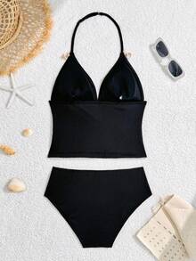 SHEIN Teen Girls Blue Ribbed Tankini Set, Adjustable Spaghetti Strap Top With Shell & Starfish Decor & Bottom Triangle Swimsuit Black Two Piece Swimsuit Black Bathing Suit Set High Waisted Bikini Set Seashell Bikini Halter Neck Bikini