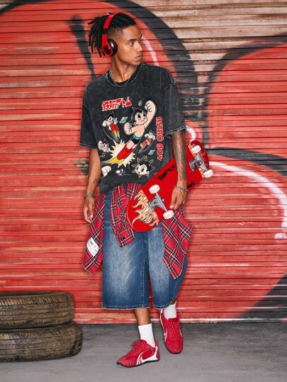 Astro Boy X ROMWE Men's Vintage Washed Cartoon And Letter Print Short Sleeve High Street Wash T-Shirt