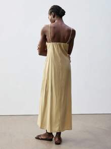 Maija 女式卡其色 V 领前扭纹肩带可调节春夏波西米亚休闲宽松连衣裙，双 V 型开衩设计，柔软舒适，百搭狂欢装，适合节日、热带假期、乡村音乐、伊比萨风格 - 杏色 - 查看 5