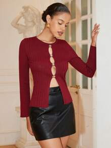 Rafferiza Asymmetrical Metal Decor Fitted Sweater Hollow Out Sexy Elegant Work Cardigan Fall Winter Cloth For Women - Burgundy - View 4