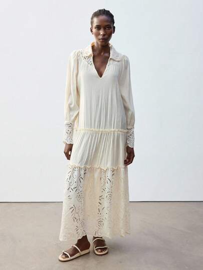 Maija Plus Size Ivory Lace Patchwork Textured Fabric Dress, Women's Boho Beach Holiday Resort Vacation Wear,Fall, Bohemian Tropical Vibe, Music Festival, St. Patrick's Day Spring Break,Fall Women Clothes