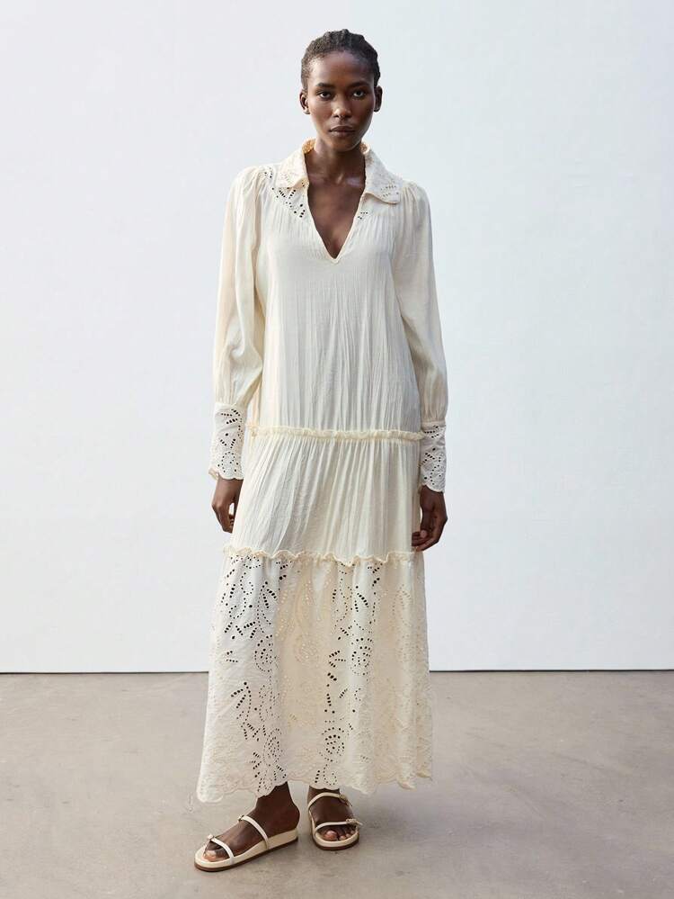 SHEIN Maija Plus Size Ivory Lace Patchwork Textured Fabric Dress, Women's Boho Beach Holiday Resort Vacation Wear,Fall, Bohemian Tropical Vibe, Music Festival, St. Patrick's Day Spring Break,Fall Women Clothes