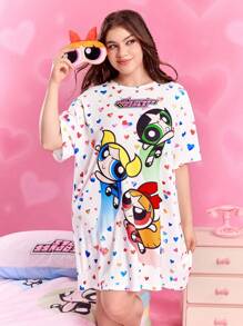 THE POWERPUFF GIRLS X SHEIN 大码女装夏秋Y2K清新修身可爱梦幻复古休闲度假风返校服学院风卡哇伊街头风宽松白色花朵、泡泡、毛茛图案爱心印花圆领短袖睡裙，哞哞睡衣 - 白色 - 查看 1