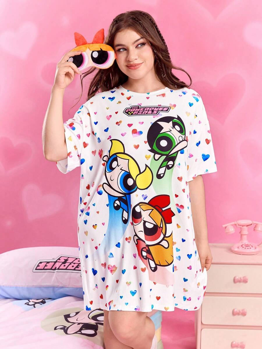 THE POWERPUFF GIRLS X SHEIN 大码女装夏秋Y2K清新修身可爱梦幻复古休闲度假风返校服学院风卡哇伊街头风宽松白色花朵、泡泡、毛茛图案爱心印花圆领短袖睡裙，哞哞睡衣 - 白色 - 查看 1