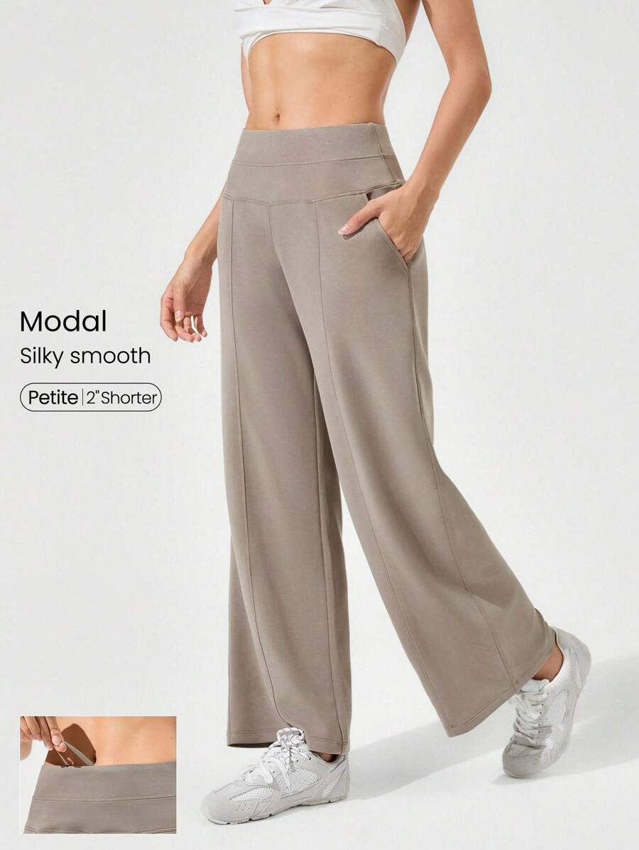 GLOWMODE Modal Silk Touch Wide Leg High Waist Lounge Pants With Side Pockets Daily Casual Fall Fall Winter - Khaki - View 1