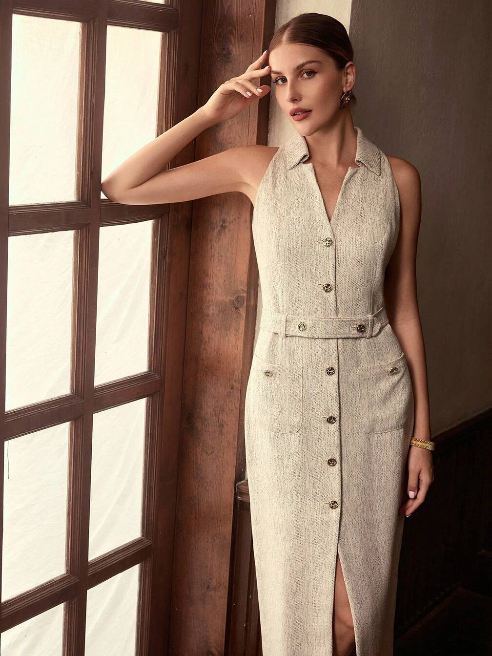 button up winter dress Winter DealsWomens Dresses,Women's Long Sleeved Solid Color Button Up  Collar with Drawstring on Both Sides Shirt Dress Khaki M