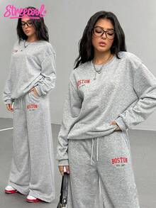 1 件宽松少女字母印花长袖运动衫和运动裤休闲套装，美式风格 - 灰色 - 查看 8