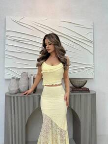 Jemour Women's Spring/Summer Vacation/Wedding Season Asymmetrical Lace Vest With Sheer Hem And Low Waist Fish Tail Ruffled Skirt 2-Piece Set - Apricot - View 4