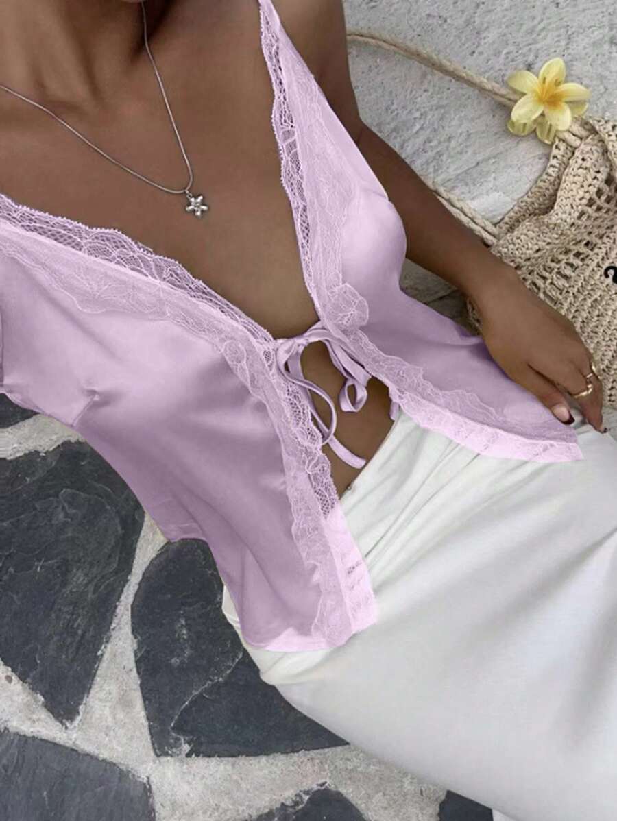 Chiquease Women's Solid Color Lace Panel Twist Designed Casual Summer Tank Top, Elegant - Purple - View 1