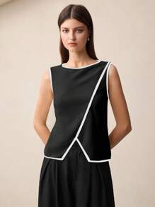 BizChic 2025秋季新款黑白撞色不对称下摆优雅时尚都市浪漫简约乡村风音乐节机场旅行婚礼宾客生日万圣节商务休闲办公室约会派对郊游返校女装上衣 - 黑色 - 查看 5