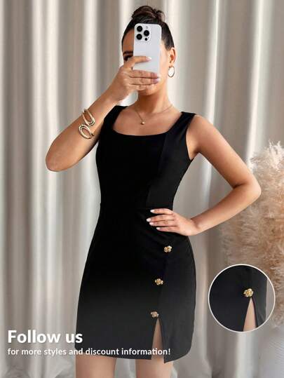 Lavishia Square Neck Bodycon Slit Commuting Elegant Simplex Fitted Women Short Dress, Suitable For Romantic Dates,Fashion Business Casual Woman Going Out Tops Women Summer Outfits For Women,Modest ,Sexy,Commute
