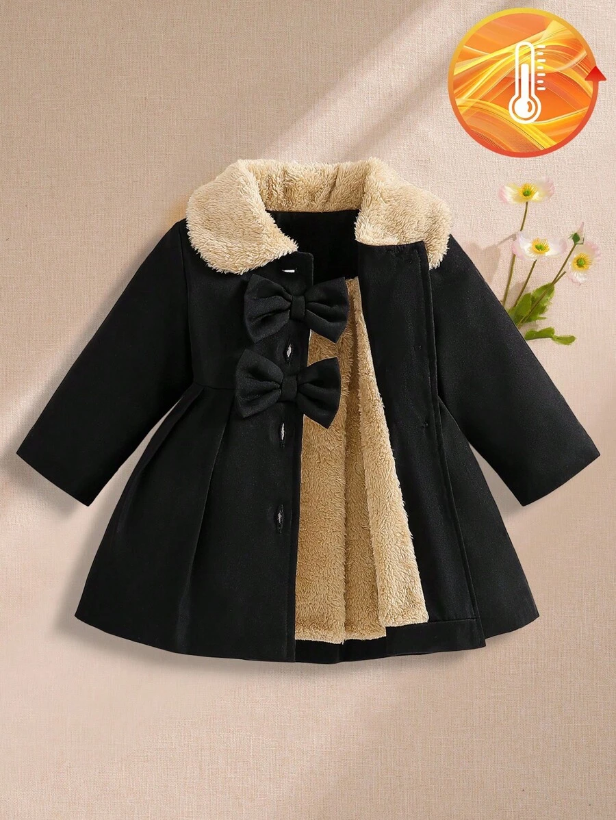 SHEIN Playful Pals Baby Girls Furry Collar Bowknot Trench Coat, Autumn/Winter Fall
