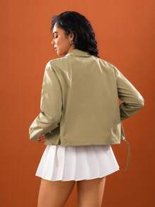 Hanevo 卡其色女式休闲夹克，带拉链口袋，长袖 - 卡其色 - 查看 2