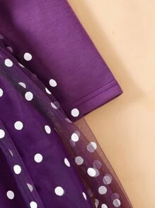 SHEIN Perso Play Kleine Mädchenkleid mit lila Mesh-Überlagerung, süßes Muster Druckdekor Puffärmel, essentiell für tägliche Ausflüge im Herbst