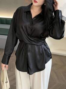 Dazy Plus 黑色纯色翻领系腰长袖衬衫，加大码，适合春秋季女士 - 黑色 - 查看 6