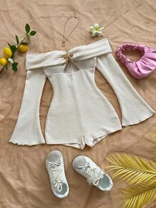 Soleia Women's Holiday Wave Stripe Knit Texture Off Shoulder Hollow Out Long Sleeve Short Jumpsuit, Suitable For Vacation, Date, Afternoon Tea, Seaside Beach, Cruise, Island Resort, Urban Travel, Music Festival, Boho Style Cream Jumpsuit Off The Shoulder Jumpsuit Knitted Jumpsuit Cream Jumpsuit Cream Playsuit Ribbed Playsuit Off The Shoulder Playsuit Cream Romper Knitted Romper Off The Shoulder Romper Ribbed Romper Back To School, Back To School Season, Graduation Season Knitted Jumpsuit - Apricot - View 3