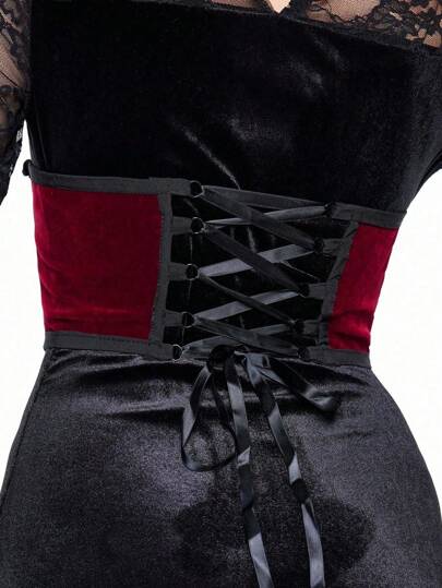 Grunge Punk 1pc Women's Lace-Up Decor Gothic Style Belted Dress, Versatile For Daily Wear