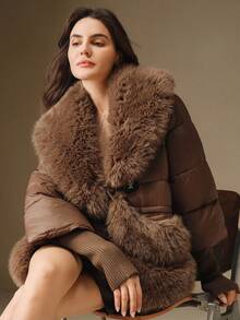 Anewsta Women's Luxurious Faux Fur Collar Lantern Sleeve Thickened Fashion Jacket - Brown - View 6