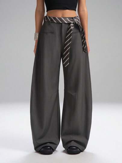 LYSMO 2025 New Women Casual Loose Scimitar Suit Pants With Striped Belt, Perfect For Commute And Everyday Wear, Office, Stylish And Minimalist In Fall/Winter