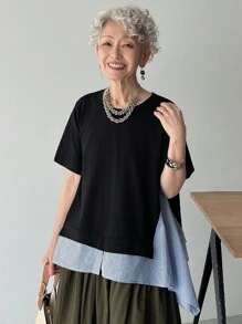 FRIFUL Women's Round Neck Patchwork Striped Asymmetric Hem Loose Casual Versatile Short Sleeve T-Shirt - Black - View 4