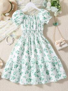 少女花卉印花泡泡袖束腰迷你连衣裙，度假风格 - 綠色 - 查看 1