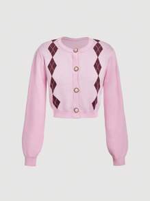 SHEIN MOD Cárdigan de manga larga de punto rombico rosa casual de un solo botonadura para mujer en otoño/invierno - Rosa - Ver 1