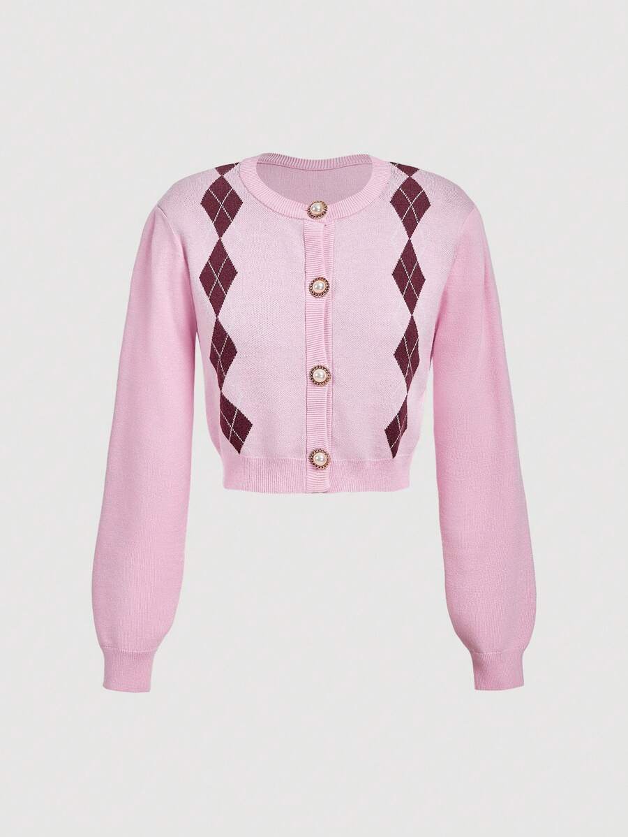SHEIN MOD Cárdigan de manga larga de punto rombico rosa casual de un solo botonadura para mujer en otoño/invierno - Rosa - Ver 1