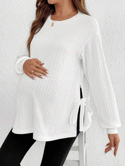 SHEIN Maternity Autumn Loose Fit Casual Solid Color Side Slit White Sweatshirt