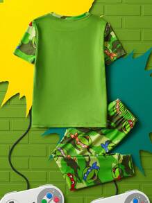 TEENAGE MUTANT NINJA TURTLES | SHEIN Young Boy Cartoon Turtle Print Cute Casual Short Sleeve T-Shirt And Camo Pants Pajama Set
