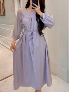 DAZY 简约纯色褶皱灯笼袖女式休闲连衣裙家居服、秋季睡衣 - 淡紫色 - 查看 3