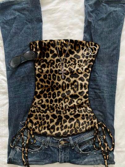 Attitoon 豹纹印花性感女式褶饰前系带抹胸上衣豹纹上衣动物印花猎豹印花抹胸上衣豹纹紧身胸衣哥特风适合外出