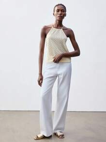 Maija Women's Cream White Summer Hollow-Out Crisscross Halter Knit Tank Top,Casual Vacation Bohemian Style,Loose Fit Sleeveless Versatile Holiday Clothing - Apricot - View 5