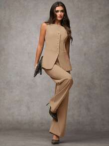 SHEIN BAE Women's Solid Color Round Neck Single-Breasted Vest And Pants Elegant Commuter Suit, Summer Fall Women Clothes Women Set Office Wear Business Casual Women Two Pieces Outfits Fall Women Office Wear Women Set Women Blazers Set