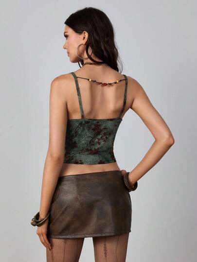 Hippie Hippie Style Beaded Fringe Draped Neck Cropped Velvet Floral Tank Top