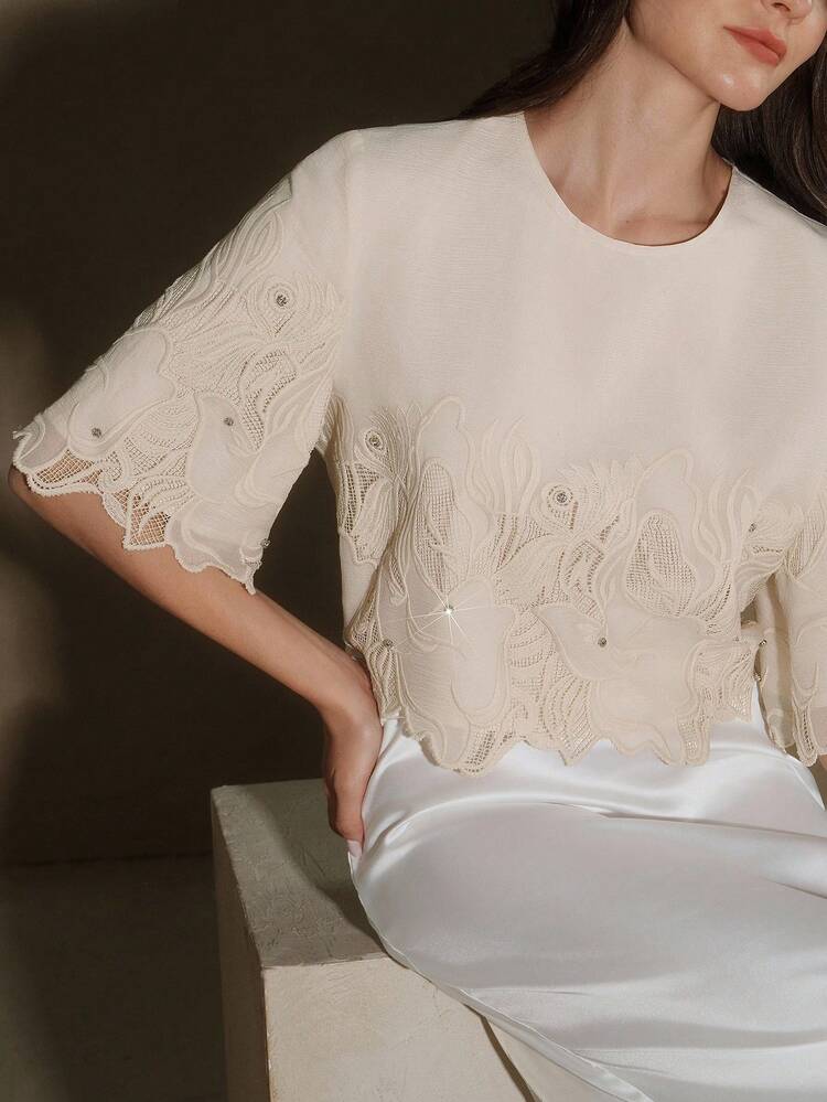 New Vintage Heavily Embroidered Sheer Round Neck Short Sleeve Crop Top, Summer
