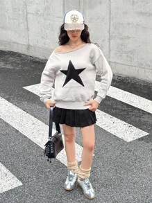 SHEIN 少女纯灰色黑色星形图案宽松毛衣，可转换不对称领长袖针织套头衫，适合返校、秋季、Y2K、万圣节、荧光色、秋季、假日/返校/开学第一天/返校/开学第一天冬季 - 灰色 - 查看 7