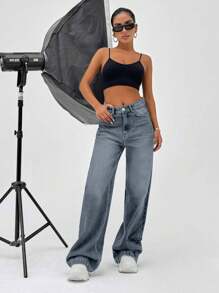EURMUSE 100% Cotton HIGH RISE WIDELEG FIT VINTAGE WASH WOMEN BAGGY JEANS - Light Wash - View 6
