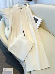 Franclia 女士时尚优雅纯色褶皱高腰阔腿裤休闲套装春季大学秋季服装女装 - 杏色 - 查看 3