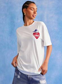 PEPSI X SHEIN 女款白色圆领短袖字母樱桃印花T恤 - 白色 - 查看 4