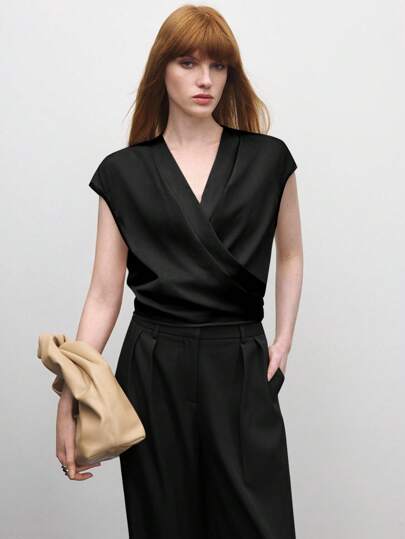 BizChic 2025 Summer New Versatile V-Neck Cinched Waist Short Chiffon Blouse For Women, Suitable For Music Festival Party, Wedding Guest, Brunch, Urban Commute, Romantic Casual, Springtime And Summer Occasions