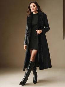 Anewsta جاكيت جلد ناعم أسود مربوط الخصر بياقة فرائية، ملابس خارجية قصيرة عصرية للخريف/الشتاء - الأسود - مشاهدة 3