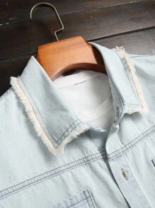 Manfinity Homme 男士休闲破洞宽松牛仔短袖衬衫，街头风格 - 淺色水洗藍 - 查看 5