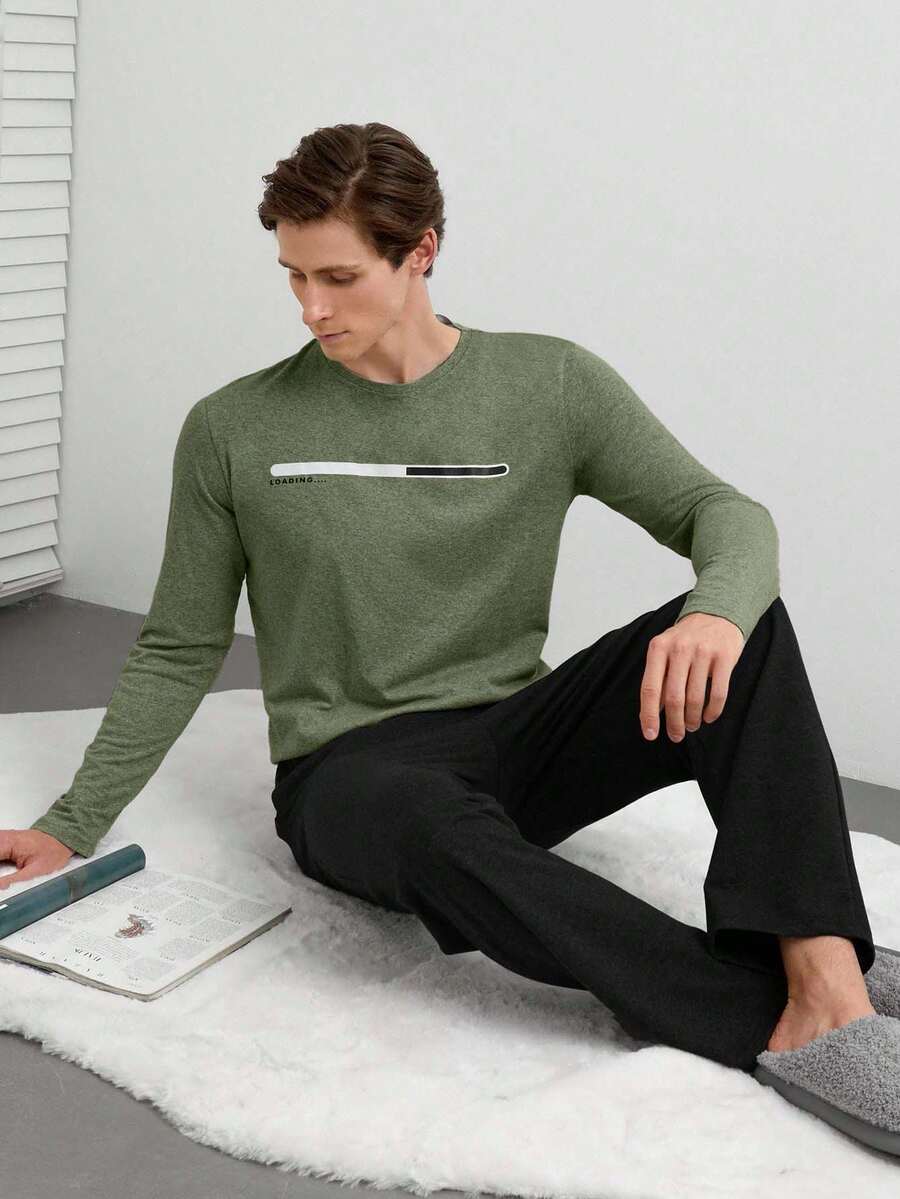 EURMUSE Conjunto de pijama con top de manga larga estampado y pantalón de unicolor para hombre - Verde militar - Ver 1