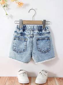 Pantaloni scurți din denim pentru fete, cu imprimeu amuzant cu spirit școlar, casual, versatili, drăguți, cu tiv decorativ uzat, albaștri