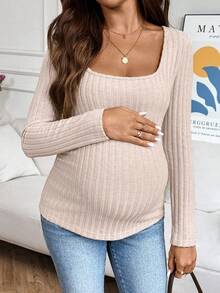 SHEIN قميص كاجوال بأكمام طويلة من قماش ناعم للسيدات الحوامل، لون أحادي، بقصة ضيقة مناسب للاستخدام اليومي - كاكي - مشاهدة 6